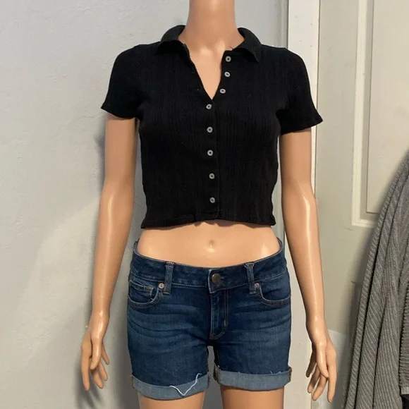 Brandy Melville Tops John Galt Black Polo Button Down Cropped